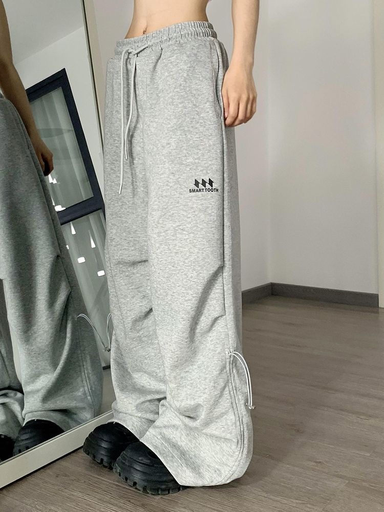 American Retro Wide Leg Drawstring Ruffle Design Sense High Street Casual Mopping Trousers