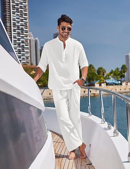 Solid Color Casual Cotton Men's Long Sleeve Trousers Suit