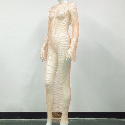 Women's Mesh Rhinestone Fishnet Sexy Slit Fishnet Dress