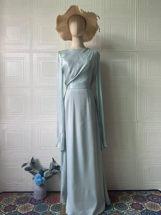 Elegant Summer Sleeve Contrast Chiffon &amp; Satin Maxi Dress With Flared Cuffs - Slim Fit Long Dress For Women