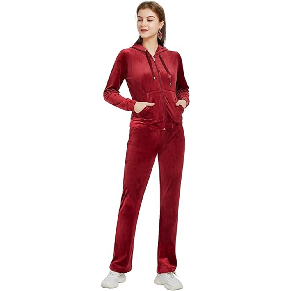 Gold Velvet Zipper Solid Color Hooded Sweater Wide Leg Pants Two-Piece Set