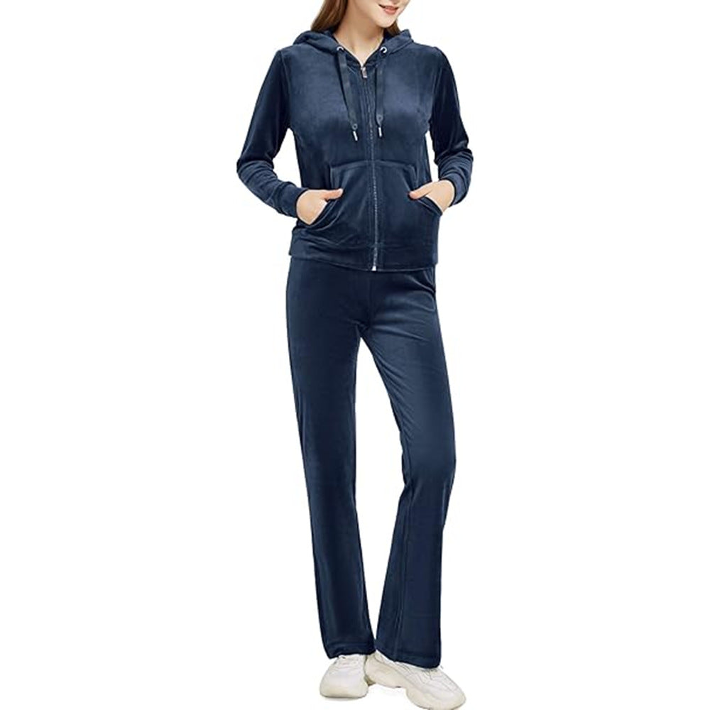 Gold Velvet Zipper Solid Color Hooded Sweater Wide Leg Pants Two-Piece Set