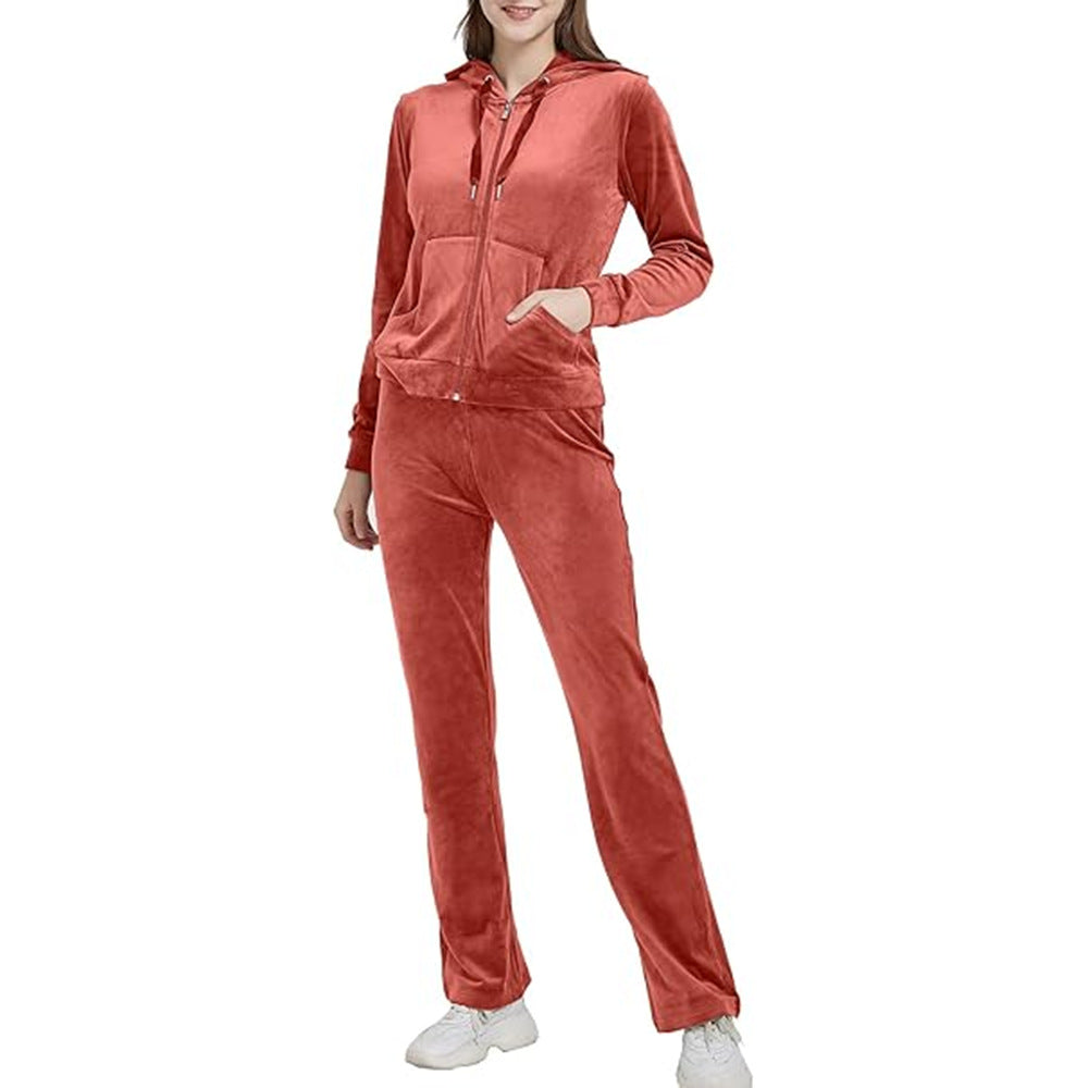 Gold Velvet Zipper Solid Color Hooded Sweater Wide Leg Pants Two-Piece Set