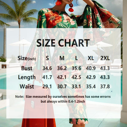 Women's Floral Print Round Neck Bodycon Dress Vibrant Red & Green Fit Flare Summer Dress With Bell Sleeves