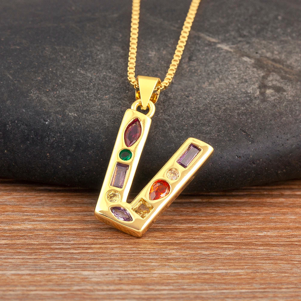 Nidin New Fashion Pave Colorful Zircon A-Z Letters Pendant Necklace Initials Alphabet For Women Name Clavicle Chain Jewelry Gift