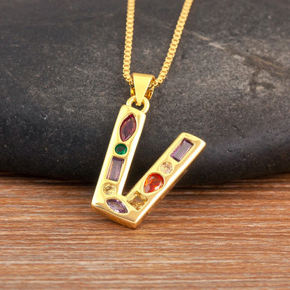 Nidin New Fashion Pave Colorful Zircon A-Z Letters Pendant Necklace Initials Alphabet For Women Name Clavicle Chain Jewelry Gift