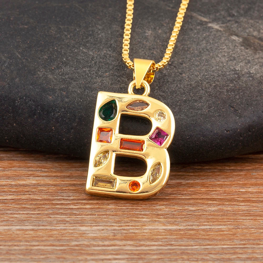 Nidin New Fashion Pave Colorful Zircon A-Z Letters Pendant Necklace Initials Alphabet For Women Name Clavicle Chain Jewelry Gift