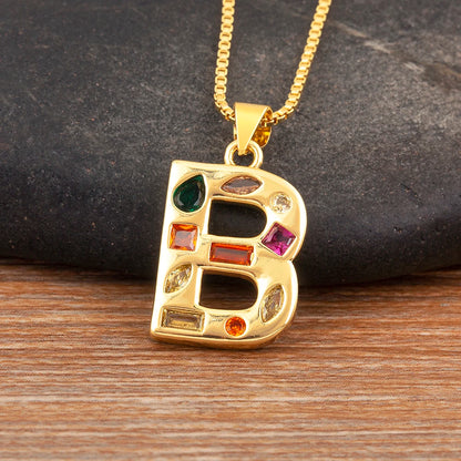 Nidin New Fashion Pave Colorful Zircon A-Z Letters Pendant Necklace Initials Alphabet For Women Name Clavicle Chain Jewelry Gift