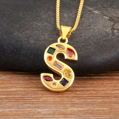 Nidin New Fashion Pave Colorful Zircon A-Z Letters Pendant Necklace Initials Alphabet For Women Name Clavicle Chain Jewelry Gift