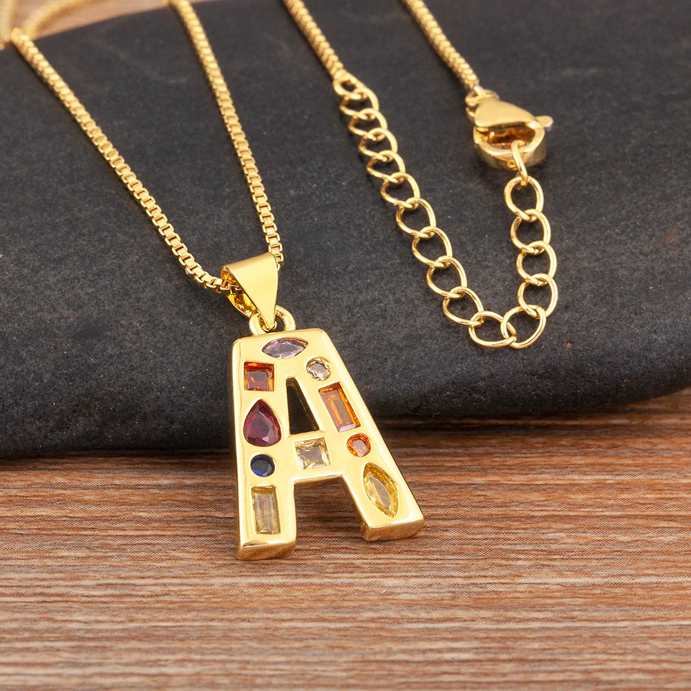 Nidin New Fashion Pave Colorful Zircon A-Z Letters Pendant Necklace Initials Alphabet For Women Name Clavicle Chain Jewelry Gift