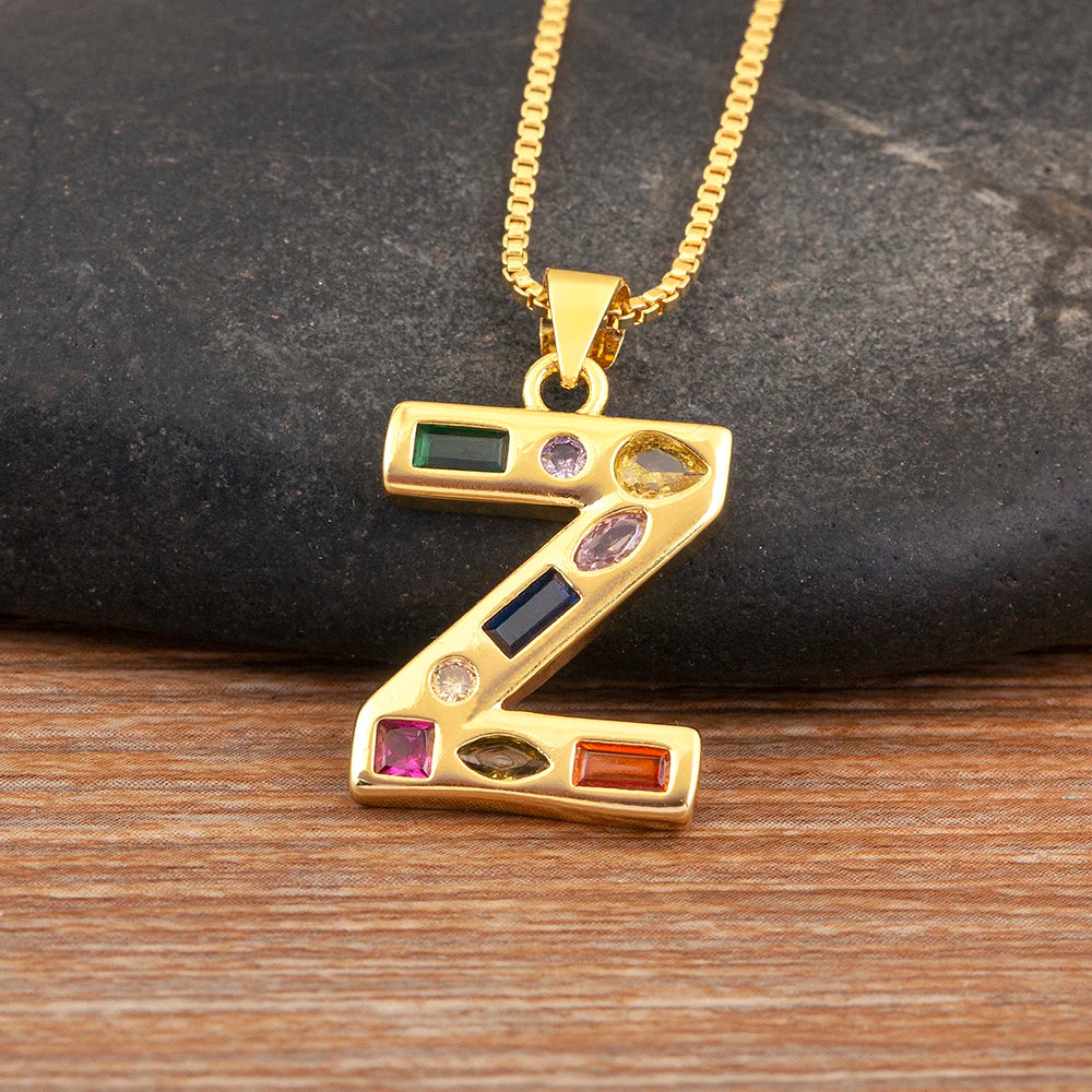 Nidin New Fashion Pave Colorful Zircon A-Z Letters Pendant Necklace Initials Alphabet For Women Name Clavicle Chain Jewelry Gift