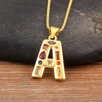 Nidin New Fashion Pave Colorful Zircon A-Z Letters Pendant Necklace Initials Alphabet For Women Name Clavicle Chain Jewelry Gift