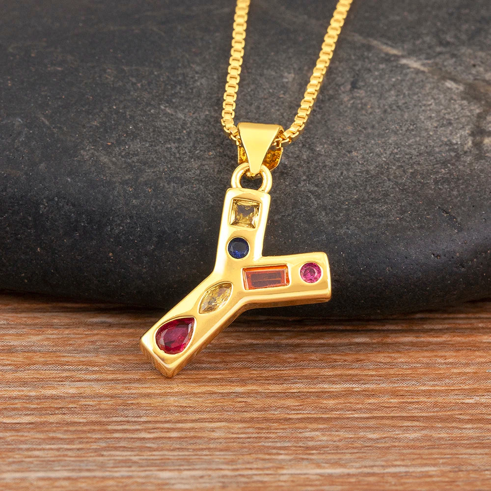 Nidin New Fashion Pave Colorful Zircon A-Z Letters Pendant Necklace Initials Alphabet For Women Name Clavicle Chain Jewelry Gift