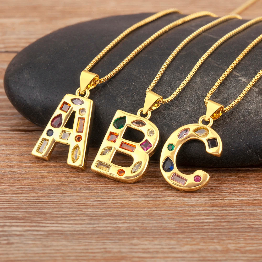 Nidin New Fashion Pave Colorful Zircon A-Z Letters Pendant Necklace Initials Alphabet For Women Name Clavicle Chain Jewelry Gift