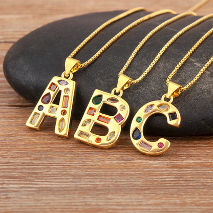 Nidin New Fashion Pave Colorful Zircon A-Z Letters Pendant Necklace Initials Alphabet For Women Name Clavicle Chain Jewelry Gift