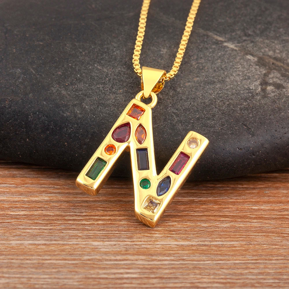 Nidin New Fashion Pave Colorful Zircon A-Z Letters Pendant Necklace Initials Alphabet For Women Name Clavicle Chain Jewelry Gift