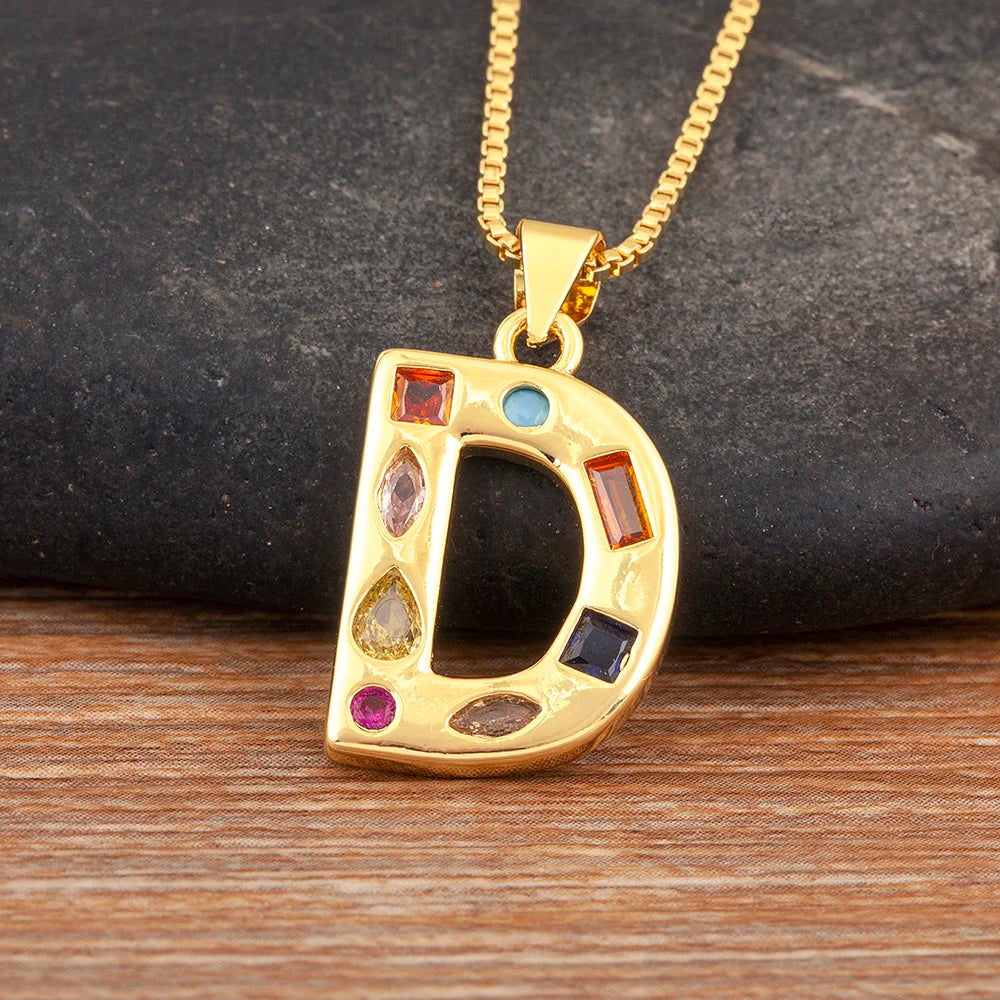 Nidin New Fashion Pave Colorful Zircon A-Z Letters Pendant Necklace Initials Alphabet For Women Name Clavicle Chain Jewelry Gift