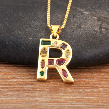 Nidin New Fashion Pave Colorful Zircon A-Z Letters Pendant Necklace Initials Alphabet For Women Name Clavicle Chain Jewelry Gift