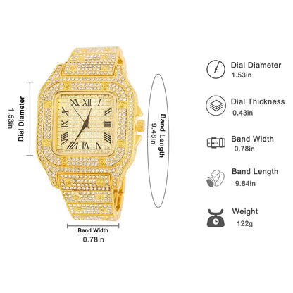 Gold Color Cuban Chain Watch for Men,Hip Hop Miami Curb,Iced Out Paved Rhinestones,Bling Rapper Necklace, Watch+Bracelet Jewelry