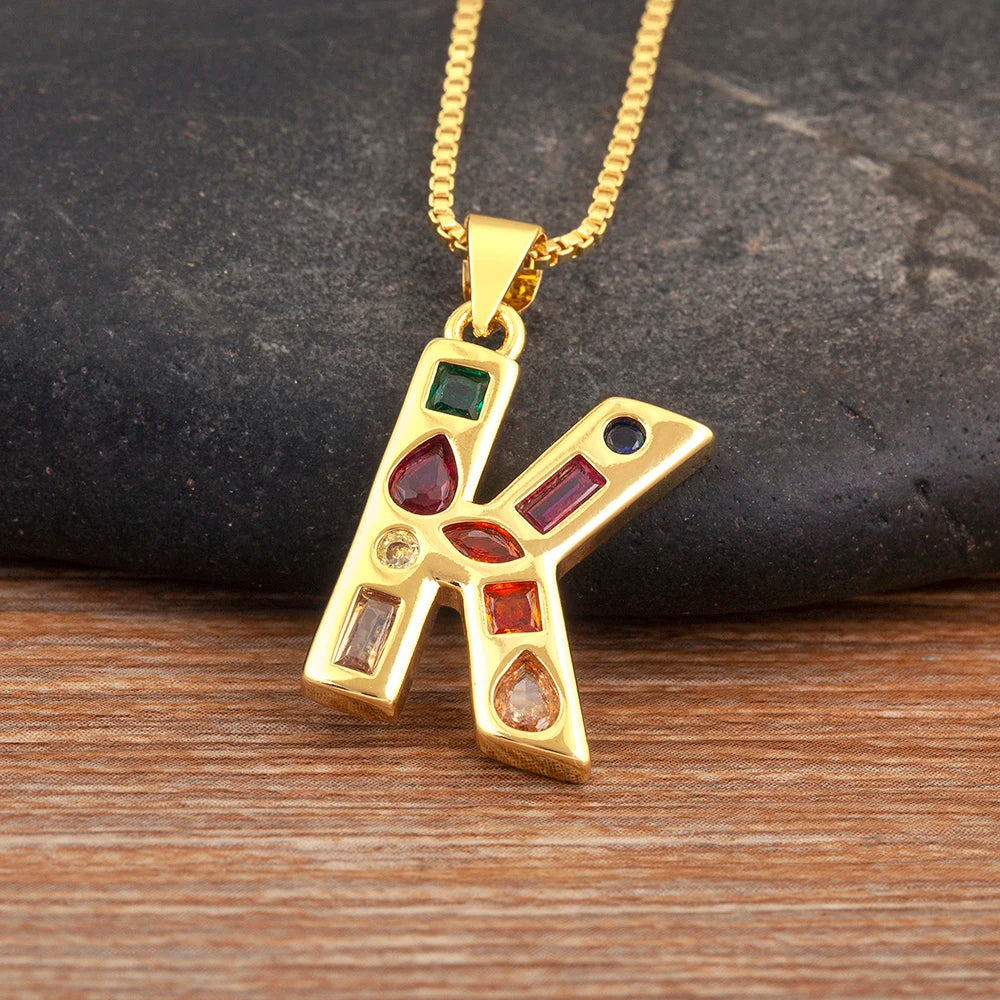 Nidin New Fashion Pave Colorful Zircon A-Z Letters Pendant Necklace Initials Alphabet For Women Name Clavicle Chain Jewelry Gift