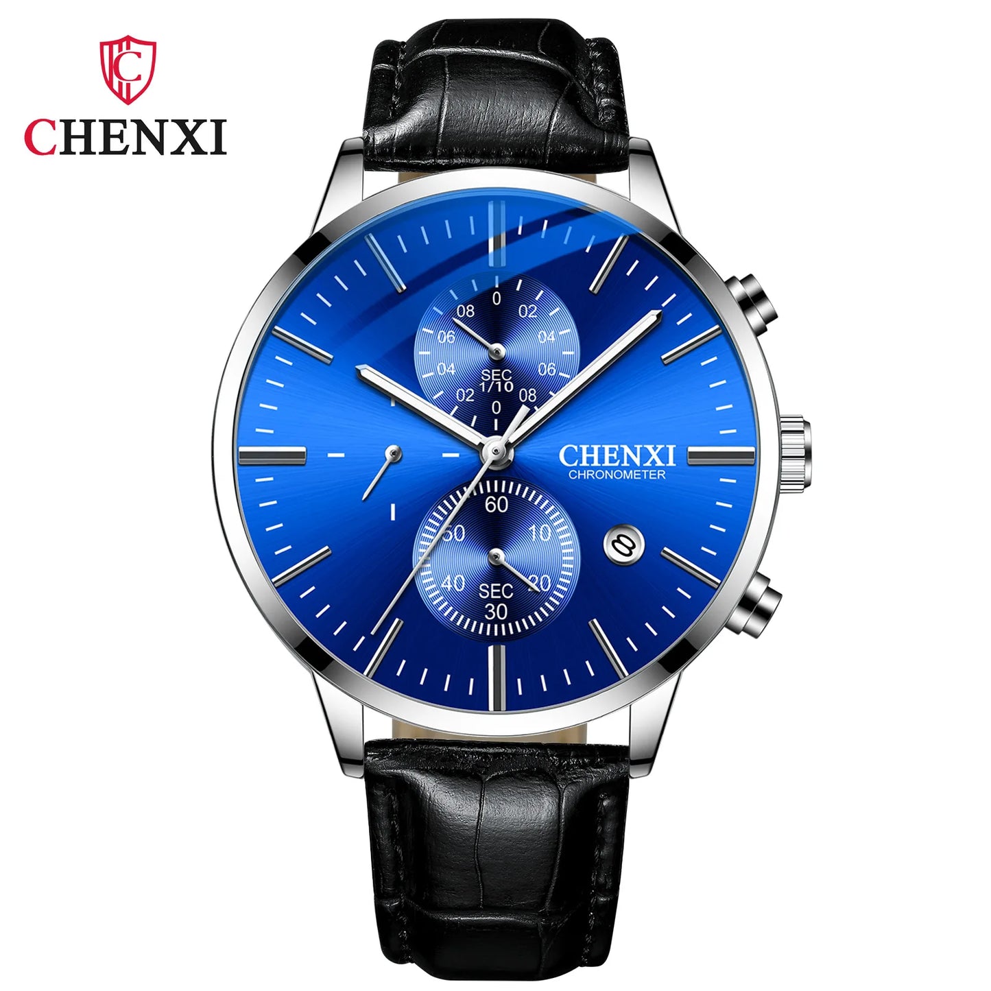 CHENXI  Multi-function Watch Men's Calendar Black Leather Strap Three-eye Six-pin Waterproof Luminous Chronograph Quartz Watch