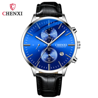 CHENXI  Multi-function Watch Men's Calendar Black Leather Strap Three-eye Six-pin Waterproof Luminous Chronograph Quartz Watch