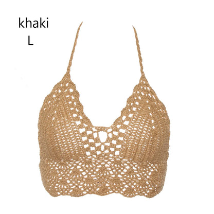 New Sexy Bikini Crop Top Crochet Boho Beach Camisoles Bikini Bralette Halter Cami Knitted Bra Women Backless Beachwear Tank Top