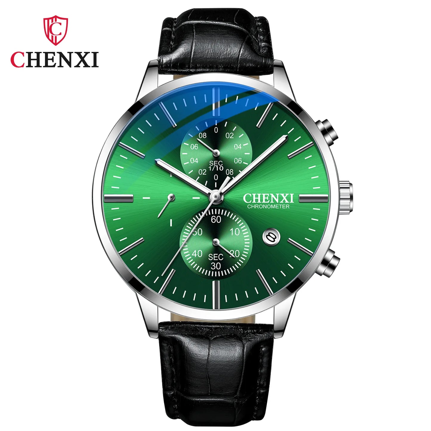 CHENXI  Multi-function Watch Men's Calendar Black Leather Strap Three-eye Six-pin Waterproof Luminous Chronograph Quartz Watch