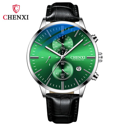 CHENXI  Multi-function Watch Men's Calendar Black Leather Strap Three-eye Six-pin Waterproof Luminous Chronograph Quartz Watch