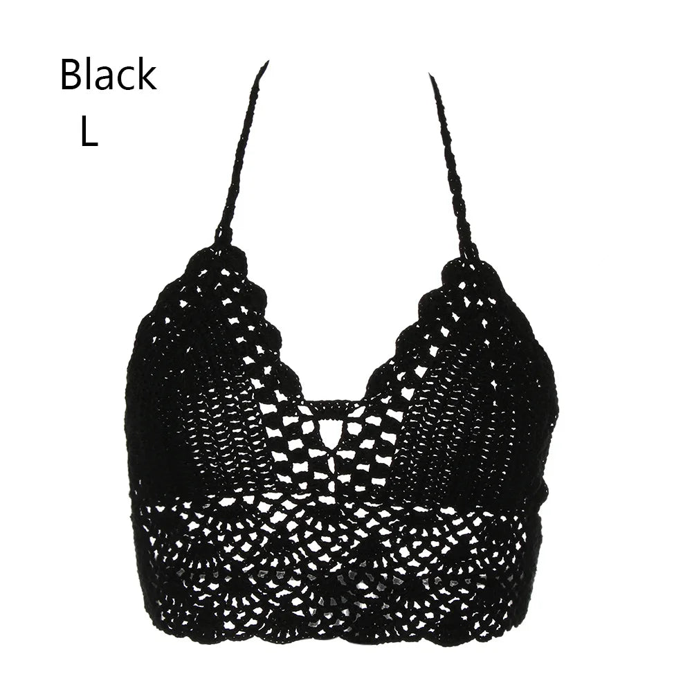 New Sexy Bikini Crop Top Crochet Boho Beach Camisoles Bikini Bralette Halter Cami Knitted Bra Women Backless Beachwear Tank Top