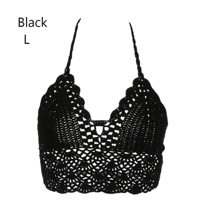 New Sexy Bikini Crop Top Crochet Boho Beach Camisoles Bikini Bralette Halter Cami Knitted Bra Women Backless Beachwear Tank Top