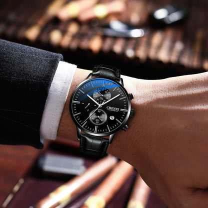 CHENXI  Multi-function Watch Men's Calendar Black Leather Strap Three-eye Six-pin Waterproof Luminous Chronograph Quartz Watch