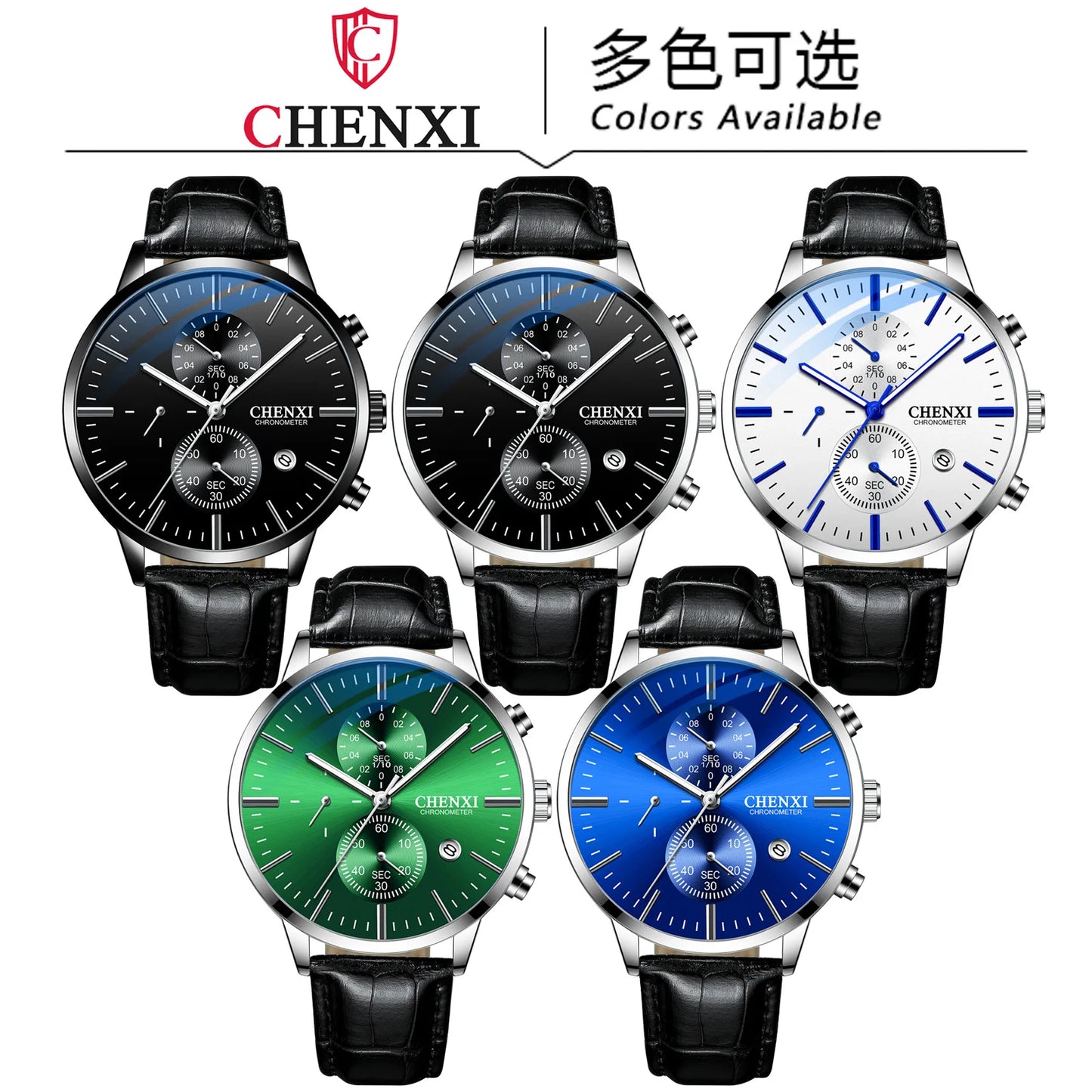 CHENXI  Multi-function Watch Men's Calendar Black Leather Strap Three-eye Six-pin Waterproof Luminous Chronograph Quartz Watch