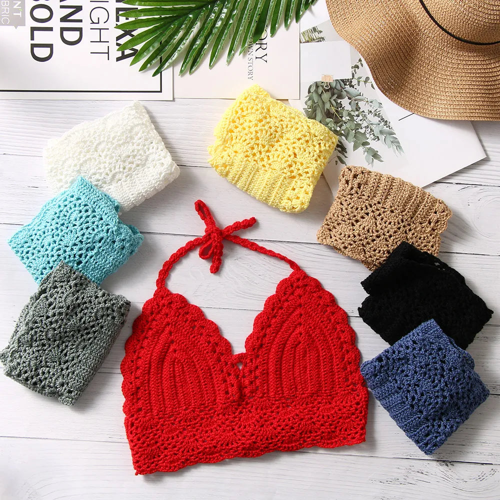 New Sexy Bikini Crop Top Crochet Boho Beach Camisoles Bikini Bralette Halter Cami Knitted Bra Women Backless Beachwear Tank Top
