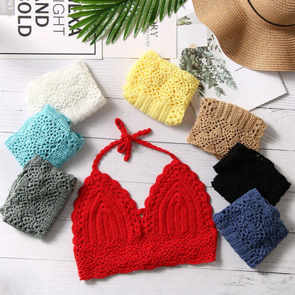New Sexy Bikini Crop Top Crochet Boho Beach Camisoles Bikini Bralette Halter Cami Knitted Bra Women Backless Beachwear Tank Top