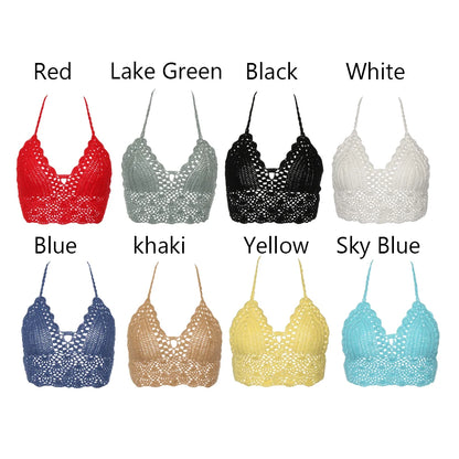 New Sexy Bikini Crop Top Crochet Boho Beach Camisoles Bikini Bralette Halter Cami Knitted Bra Women Backless Beachwear Tank Top