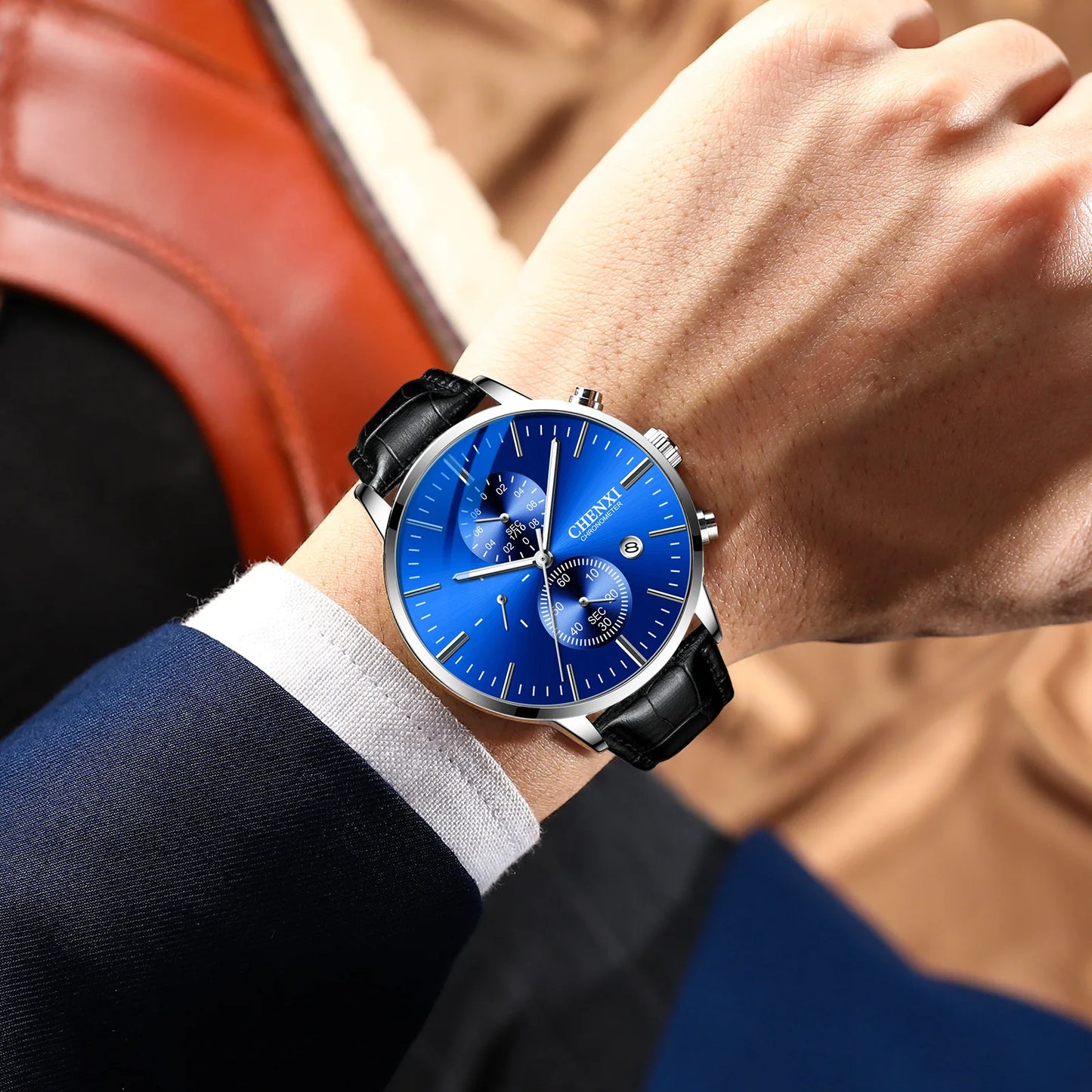 CHENXI  Multi-function Watch Men's Calendar Black Leather Strap Three-eye Six-pin Waterproof Luminous Chronograph Quartz Watch