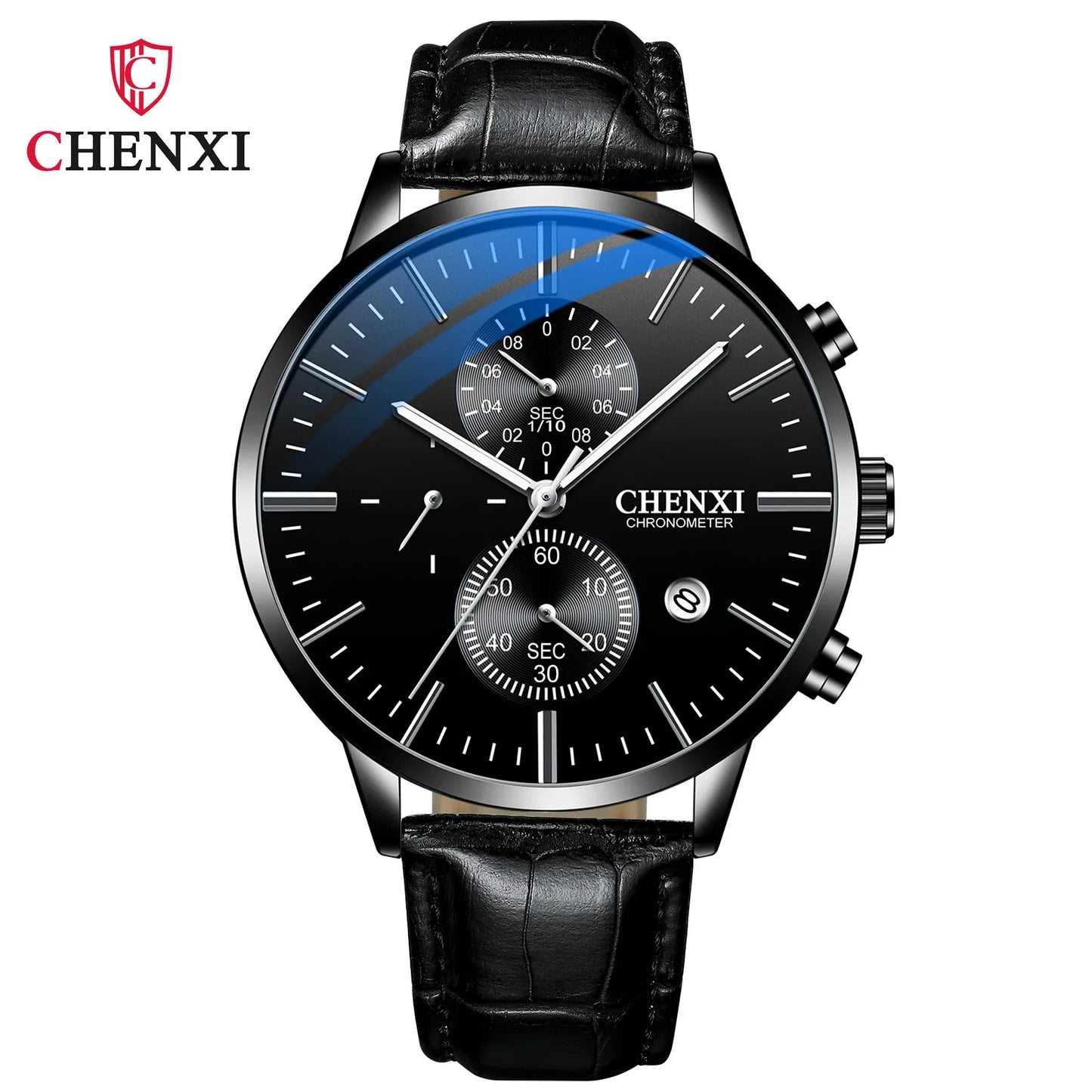CHENXI  Multi-function Watch Men's Calendar Black Leather Strap Three-eye Six-pin Waterproof Luminous Chronograph Quartz Watch