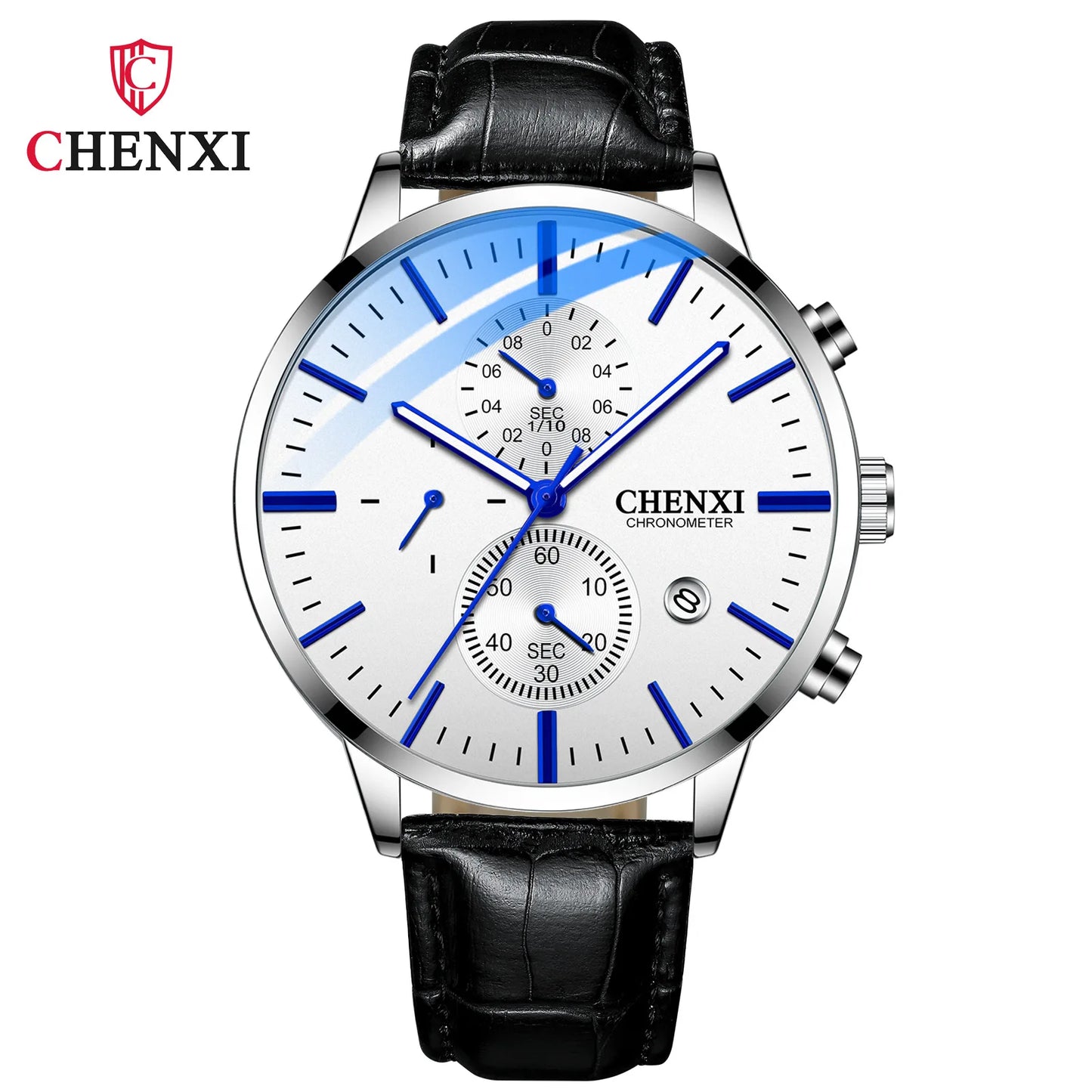 CHENXI  Multi-function Watch Men's Calendar Black Leather Strap Three-eye Six-pin Waterproof Luminous Chronograph Quartz Watch
