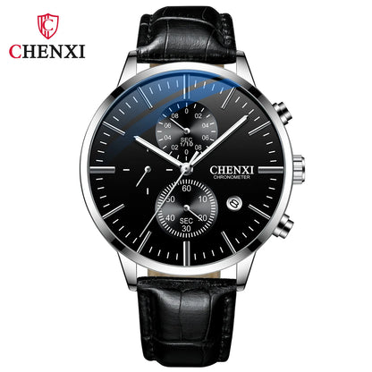 CHENXI  Multi-function Watch Men's Calendar Black Leather Strap Three-eye Six-pin Waterproof Luminous Chronograph Quartz Watch