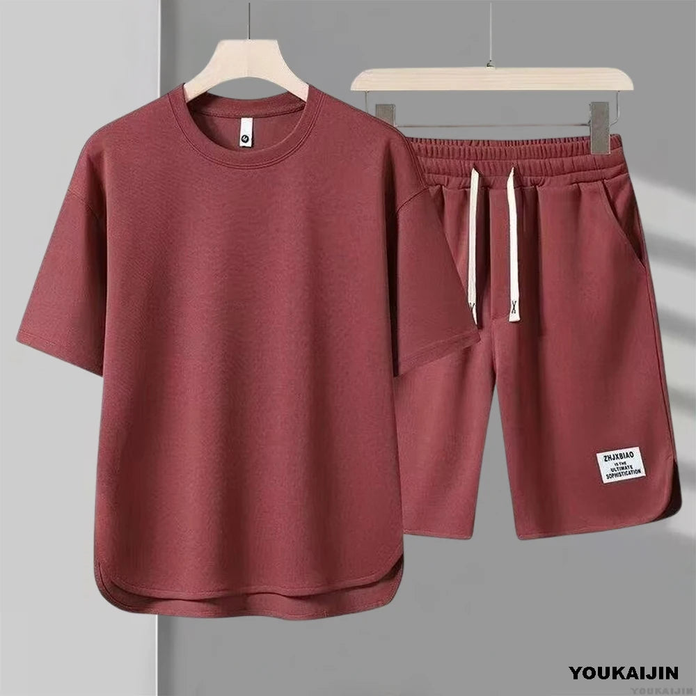 Men's New Waffle Summer Suit 2025 Korean Casual T-shirt + Shorts Suit Men's Tracksuit Solid Color Tracksuit Loose Suit