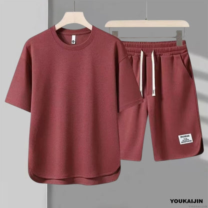 Men's New Waffle Summer Suit 2025 Korean Casual T-shirt + Shorts Suit Men's Tracksuit Solid Color Tracksuit Loose Suit