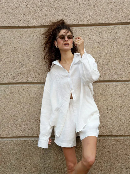 Wolfeel Women's Casual Shorts Sets 100% Cotton Solid Color Cozy Lapel Long Sleeve Shirt Summer New Elastic Waist Shorts Suit