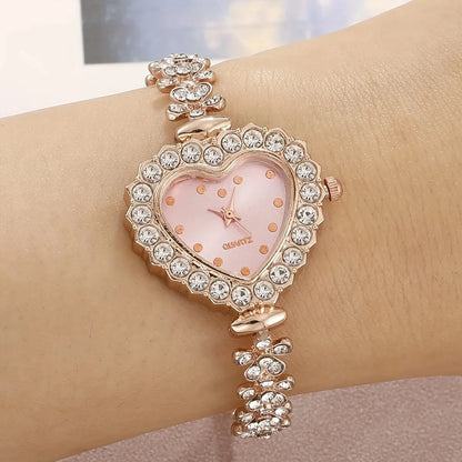 6pcs Women's Watch Rhinestone Heart Pointer Quartz Watch Cute Bracelet Wrist Watch & Jewelry Set, Gift For Her