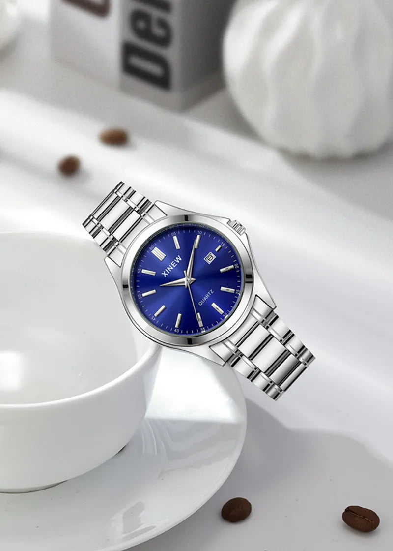 Genuine XINEW Brand Men Watches Students Fashion Casual Full Stainless Steel Band Simple Date Quartz Wrist Vintage Watch Silver