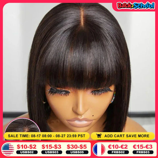 Straight Human Hair Wigs With Bangs Fringe Middle Part Bob Lace Wigs Realistic Scalp Brazilian Straight Bob Lace Wigs With Bangs