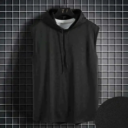 Men Tie Collar Hooded Sleeveless Vests Male Summer Loose Solid Hip Hop Tee Shirt Tops