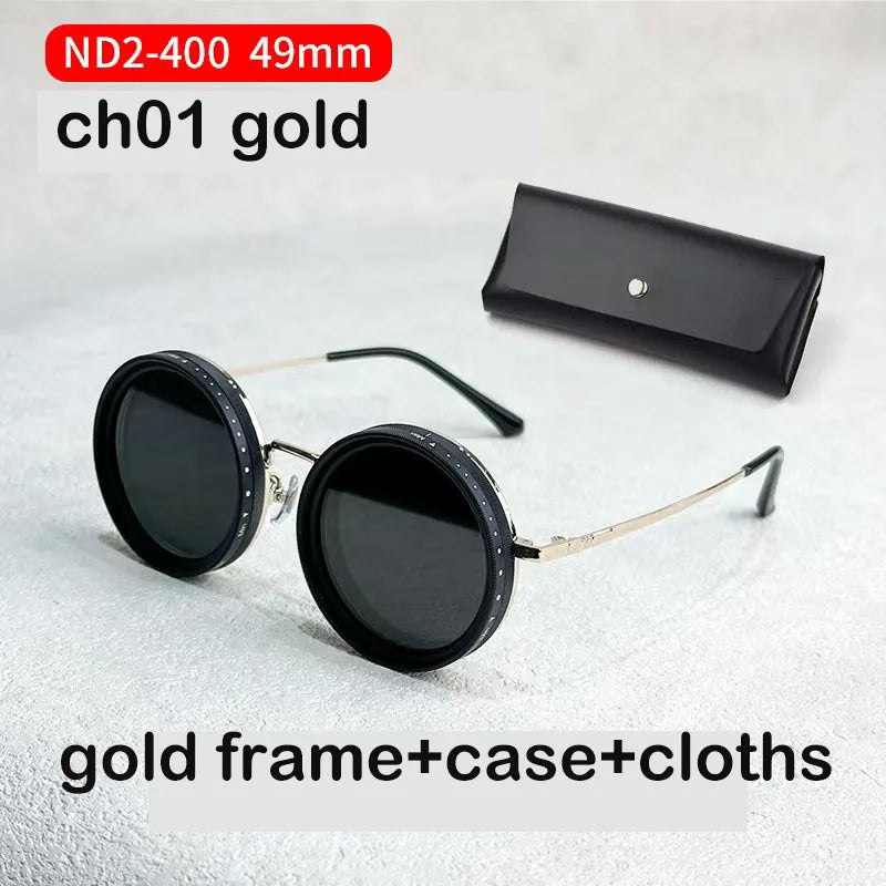 ND2-400 9 Level Adjustable Dimming Polarized Fishing Round Men Sunglasses Vintage Punk Driving Sunglasses Gift Hard Case