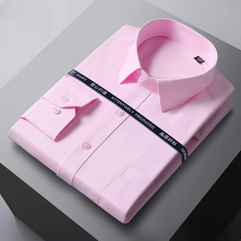 Men Formal Shirt Long Sleeve Office Solid Color Anti-Wrinkle Fashion Business Pocket White Social Pocket OfficeWhite Shirt S-5XL