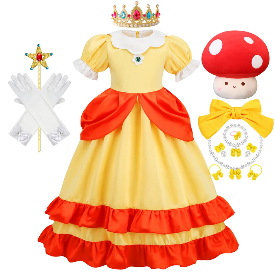 Game Princess Daisy Cosplay Costume Girls Cute Lolita LED Light Flashing Dress Fancy Halloween Carnival Wig Uniforms Clothing